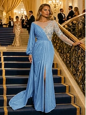 economico Abiti da ballo-Sirena Tromba Strascico da Corte Abito da Sera Abito da ballo con sopragonna Abito formale Elegante Manica Lunga Scollo Illusione Formale Con Paillettes con Pieghe Paillettes