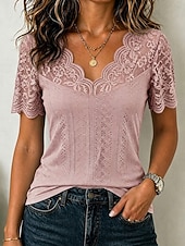  Mulheres Topo de ilhó Camiseta Pointelle Tops de renda Renda Patchwork Tecido Elegante Moderno Manga Curta Decote V Tops regulares Casual Diário Preto Raiz de Lótus Rosa Branco Rosa Verde Verão