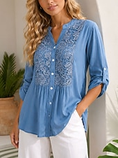 economico Bluse Semplici-Per donna Blusa Pizzo Tinta unica Vintage Elegante Casual Manica Lunga Scollo a V Top Regolari Casuale Quotidiano Blu Estate Primavera