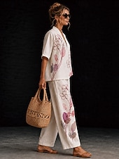 cheap Women's Blouse Suits-Women's Shirt Cotton Linen Sets Pants Sets Short Sleeve V Neck Floral Graphic Geometric Print Vacation Fashion Streetwear Casual Daily Outdoor Yellow Pink Dusty Rose Spring &amp; Summer Loose Fit