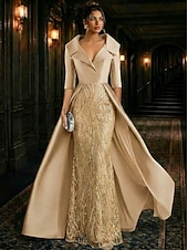 abordables Vestidos de gala-Corte A Hasta el Suelo Bordado con cuentas Vestido formal Vestido de madre de la novia Vestidos de noche Vestido de baile con sobrefalda Vestimenta formal Elegante Sedoso Manga 3/4 Cuello Camisero