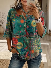 economico Bluse Floreali-Carnevale Per donna Camicia Top traforato Camicia Boho Camicia di Pizzo Elegante Bohemien Attivo Manica 3/4 Girocollo Top lunghi Casuale Blu Rosso Marrone Verde Estate Primavera