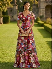  A-lijn Jurken Tot de grond Maxi-jurk Feestjurk Cocktail jurk Moeder van de bruid jurk Korte mouw V-hals Elegant Vintage Luxueus Formeel Bruiloft gast Kentucky Derby Chiffon Tule met Borduurwerk