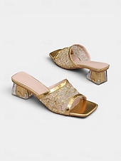 preiswerte Brautmutter/Bräutigammutter-Elegante goldene Damen-Mules mit Blockabsatz aus Mesh: Raffinierte Hochzeitsschuhe für die Mutter der Braut