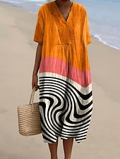 economico Abiti a Strisce e Geometrici-Per donna Abito Midi Vestito Estivo Abito a trapezio Vacanza Casual Spiaggia Spiaggia Feste Vestibilità comoda Grafico Geometrico Manica Corta Scollo a V Rosa Arancione Arcobaleno Estate Primavera