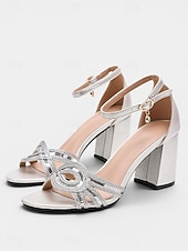 baratos Sandálias de salto-Women's Metallic Champagne Gold Braided Block Heel Sandals with Rhinestone Charm - Shimmering Footwear for Cocktail Parties