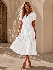  Mujer Vestido Midi Vestido de una línea Vestido de verano Vacaciones Fiesta Cumpleaños Diario Ajuste regular Plano Manga Corta Escote en Pico Azul Piscina Negro Blanco Rosa Verano Primavera