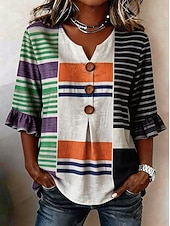economico Bluse a righe e geometriche-Per donna Camicia Camicia Boho Camicia casual Grafico A righe Elegante Bohemien Attivo Manica 3/4 Scollo a V Top lunghi Casuale Bianco e blu nero+bianco+verde Blu scuro Azzurro Estate Primavera