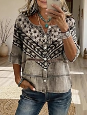 economico Bluse Floreali-Carnevale Per donna Camicia Top traforato Camicia Boho Camicia di Pizzo Elegante Bohemien Attivo Manica 3/4 Girocollo Top lunghi Casuale Blu Rosso Marrone Verde Estate Primavera