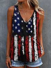  American Independence Day Women's Tank Graphic American Flag Fashion Sleeveless V Neck Regular Tops Casual Daily Beach Wear Blue Black Summer Spring