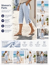  Women's Capri Pants Cotton Linen Pants Chinos Vacation Basic Casual Calf-Length High Waist Striped Pocket Printing Comfy Soft Comfortable Micro-elastic Daily Outdoor Street Blue Summer Spring Fall
