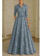 abordables Largo del piso-Corte A Hasta el Suelo Vestido de Camisa Vestido formal Vestido de noche Vestido de Madrina Manga Larga Cuello Camisero Elegante Vintage Formal Satén Jacquard con Lazo(s) Flor