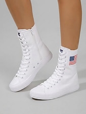  Women's White Patriotic High Top Canvas Sneakers – USA Flag Canvas Lace-Up Boots for Independence Day, Parade & Casual Streetwear