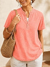 cheap Plain Blouses-SoftFade™ Women's 100% Cotton Henley Shirt Solid Color Vintage Fashion Stylish Short Sleeve V Neck Regular Tops Casual Beach Blue Khaki Black Purple Orange Summer Spring