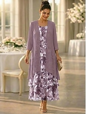 ieftine Seturi de rochii pentru mama-Două Piese Linia -A Lungime Gleznă Rochie pentru invitata de nunta Larg Rochie Mama Miresei Lungime Manșon 3/4 Scoateți gâtul Elegant Simplu Casual Oficial Invitat la nunta Concediu Șifon Rochii