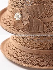 baratos Chapéus Femininos-Chapéu bucket feminino dobrável em poliéster respirável – chapéu de sol de verão com flor decorativa e pérola, multicolorido, elegante para uso externo, jardim, praia e férias.