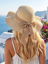 abordables Chapeaux pour femmes-Chapeau de soleil bohème en paille pour femme, chapeau de plage pliable multicolore avec nœud papillon, chapeau à larges bords portable pour une tenue décontractée