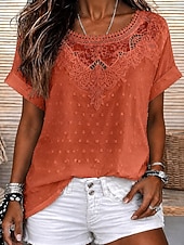  Femmes Chemise Chemise Bohème Chemise en Dentelle Dentelle Élégant Bohème Vacances Manche Courte Hauts Longs Occasionnel Blanche bleu marine Orange Été Printemps