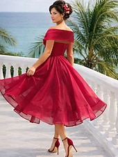 abordables Vestidos de cóctel-Corte A Vestido Midi Vestidos de coctel Vestidos de fiesta Vintage 1950s Sin Mangas Hombros Caídos Invitado a la boda Tul con Plisado