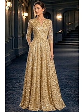 preiswerte Bodenlänge-A-Linie Kleid Bodenlang Partykleid Cocktailkleid Brautmutterkleid Langarm V Ausschnitt Elegant Vintage luxuriös Formell Hochzeitsgast Kentucky Derby Chiffon Tüll mit Paillette Stickerei Blume