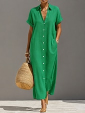  Women's Midi Dress Cotton Linen Dresses Shift Dress Basic Daily Loose Fit Plain Long Sleeve Shirt Collar Summer Spring Fall