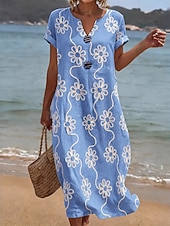  Robe brodée pour femme, robe midi à fleurs, robe d'été, basique classique pour tous les jours, vacances, coupe classique, manches courtes, col en V, bleu et blanc, été, printemps