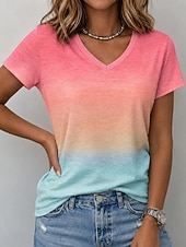 abordables Camiseta de Arte &amp; Diseño-Mujer Camiseta Estampado Ombre Geométrico Degradado Elegante Clásico Casual Manga Corta Escote en Pico Tops regulares Casual Diario Azul Piscina Rosa Naranja Rosa Brillante Verano Primavera