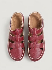 baratos Sandálias Planas-Sandálias femininas vermelhas escuras de bico fechado - calçado casual confortável com design vazado em tecido, sandálias de verão respiráveis com fecho de velcro para uso diário e viagens. &amp; andando