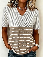 cheap Stripe&amp;Geometric tee-Women's T Shirt Print Striped Stylish Casual Short Sleeve V Neck Long Tops Daily Brown And White Black and White Dusty Rose Gray Summer Spring Fall Winter