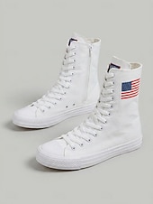  Women's White Patriotic High Top Canvas Sneakers – USA Flag Canvas Lace-Up Boots for Independence Day, Parade & Casual Streetwear