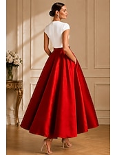 preiswerte Cocktailkleider-A-Linie Tee-Länge Cocktailkleider Partykleider Elegant Farbblock seidig Kurzarm V Ausschnitt Hochzeit Formell Tasche Satin mit Tasche