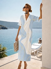 baratos Vestidos Estilo Casual-Mulheres Vestido Longo Camisetão Vestidos Para o Verão Vestido antigo Vestido formal Elegante Férias Vintage Mangas de Cotovelo Casa Trabalho Praia Ajuste Largo Gráfico Leopardo Abstrato Manga Curta