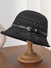 baratos Chapéus Femininos-Chapéu bucket feminino em poliéster trançado com cinto de couro, chapéu de sol leve para o verão, ideal para férias, praia, uso casual ao ar livre e dia a dia.