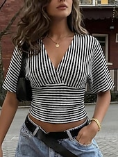 baratos Camiseta lisa-Mulheres Tops de verão Estriado Vintage à moda Manga Curta Decote V Tops curtos Casual Diário Azul Cáqui Preto Amarelo Verão Primavera