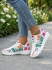 cheap Women's Sneakers-Women's White Floral Print Breathable Sneakers - Lightweight Lace-Up Casual Shoes with Colorful Flower Pattern, Comfortable Non-Slip Footwear for Walking, Travel &amp; Daily Wear