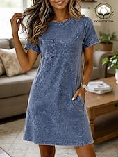 economico Vestito bianco-Abito t-shirt da donna 100% cotone, abito lavato, vestibilità regolare, tinta unita, maniche corte, scollo rotondo, lunghezza al ginocchio