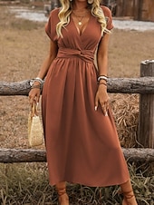 economico Vestito bianco-Per donna Abito Midi Abito a trapezio Abito Estivo Casual Quotidiano Vestibilità regolare Semplice Manica Corta Scollo a V Nero Rosso Marrone chiaro Verde scuro Estate Primavera