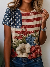  American Independence Day Women's T Shirt Print Graphic American Flag Vintage Fashion Casual Short Sleeve Crew Neck Regular Tops Casual Daily Weekend White Red Summer Spring