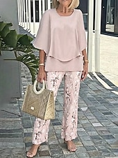 billige Women's Blouse Suits-Women's Two Piece Sets Pants Sets Half Sleeve Butterfly Sleeve Round Neck Floral Graphic Ruffle Print Elegant Vacation Casual Daily Beach Blue Pink Purple Spring &amp; Summer Loose Fit