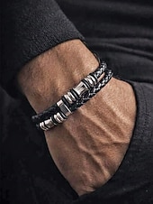 abordables Bijoux pour hommes-cuir synthétique à fermeture magnétique pour homme &amp;Bracelet en acier inoxydable noir, résistant et élégant, idéal pour offrir, pour les vacances à la plage ou au quotidien.