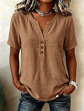 preiswerte Einfache Blusen-Damen Bluse Einfarbig Vintage Stilvoll Basic Kurzarm V Ausschnitt Normale Oberteile Lässig Täglich Blau Khaki Rosa Dunkelgrün Sommer Frühling