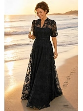 preiswerte Bodenlänge-A-Linie Kleid Bodenlang Spitzenkleid Brautmutterkleid Kurzarm V Ausschnitt Hoher Ausschnitt Elegant Vintage luxuriös Formell Hochzeitsgast Semi-Formal Spitze mit Stickerei Applikationen