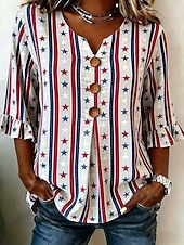  día de la independencia americana Mujer Camisa camisa boho Camisa casual Graphic Bandera Elegante Bohemia Vacaciones Manga 3/4 Escote en Pico Tops regulares Casual Blanco y rojo Patrón blanco Rojo