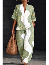 economico Abiti da donna con camicetta-Per donna Camicia Set di biancheria in cotone Set di Pantaloni Manica Corta Scollo a V Floreale Grafico Geometrico Stampato Vacanza Moda Streetwear Casuale Quotidiano All'aperto Verde Arcobaleno