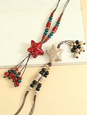 tanie Naszyjnik damski-Naszyjnik z wisiorkiem w kształcie gwiazdy w stylu boho dla kobiet, ręcznie robione kolorowe ceramiczne koraliki, regulowana biżuteria na długim łańcuszku na ogrodowe przyjęcie, wakacje na plaży,