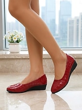 cheap Women's Flats-Women's Red Croc-Embossed Flats - Comfortable Round Toe Office Shoes with Low Wedge Heel &amp; Anti-Slip Sole for Professional Work, Meetings &amp; Daily Commute