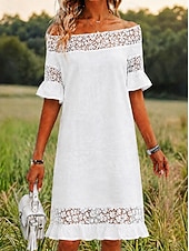 economico Abiti in pizzo bianco-Per donna Abito al ginocchio Abito in Pizzo Abito Bianco Elegante Moda Spiaggia Vacanza Ferie Vestibilità regolare Floreale Mezza Manica Senza Spalle Bianco Estate Primavera