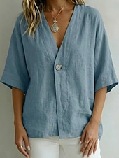 cheap Dressy Blouses-Women's Shirt Blouse Plain Bohemia Half Sleeve V Neck Regular Tops Blue White Pink Brown Green Summer Spring