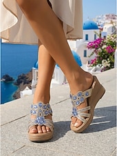 economico Donne-Sandali con zeppa da donna con strass – ciabatte con plateau decorate con motivi floreali scintillanti, comode scarpe estive per vacanze all'aperto, passeggiate in spiaggia e abbigliamento da resort.