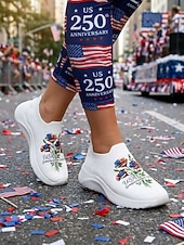  Γυναικεία λευκά slip-on αθλητικά παπούτσια με πατριωτικό μπουκέτο – αναπνεύσιμα πλεκτά παπούτσια πεζοπορίας με φλοράλ print για την ημέρα ανεξαρτησίας, την παρέλαση, τα καλοκαιρινά φεστιβάλ &casual